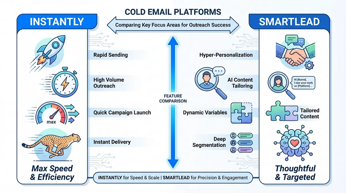Infographic comparing Openclaw vs Instantly vs Smartlead for cold email features