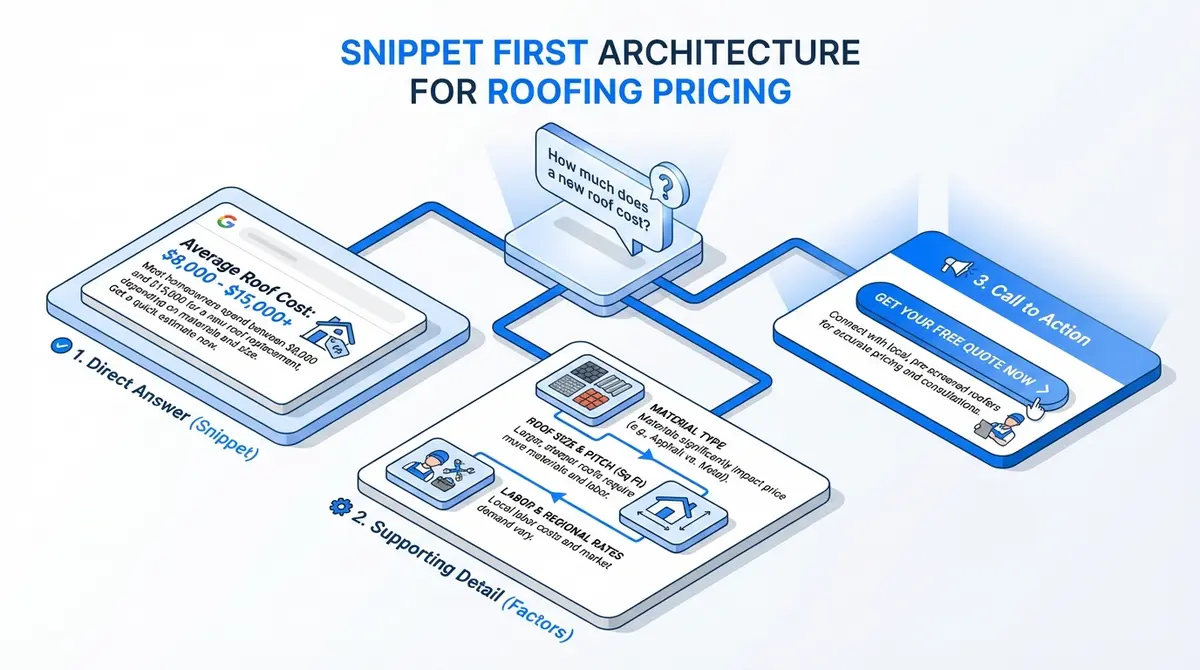 Infographic showing the snippet-first content architecture for roofing pricing PAA optimization