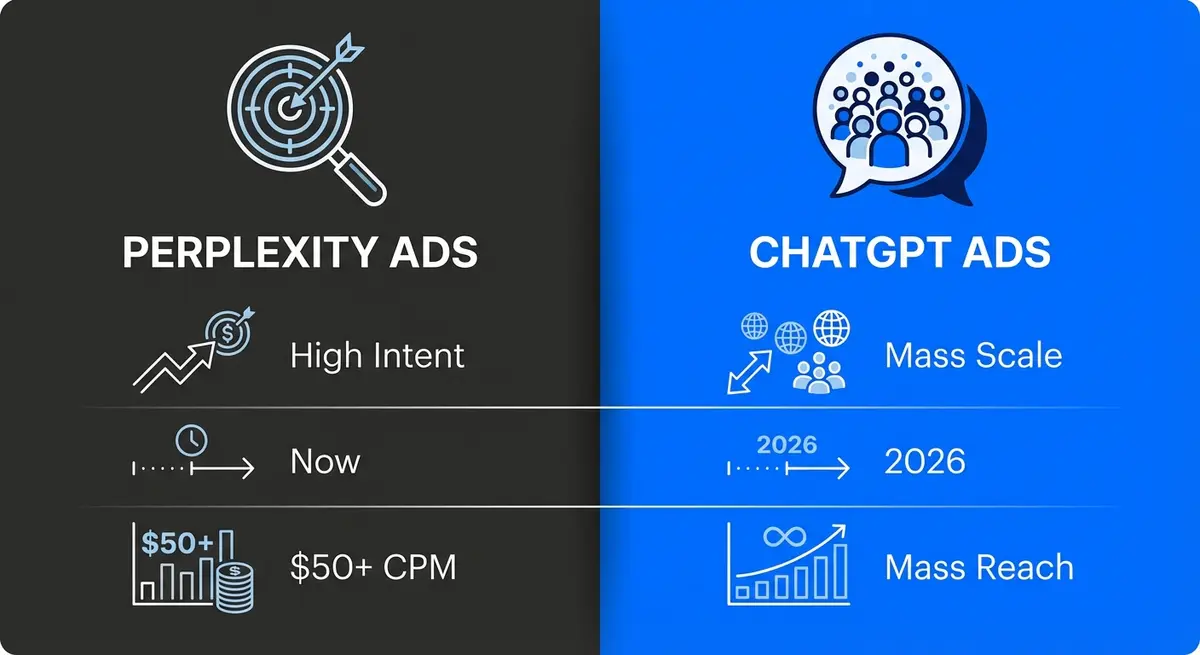 Infographic comparing Perplexity ads vs ChatGPT ads for business on availability, scale, and pricing