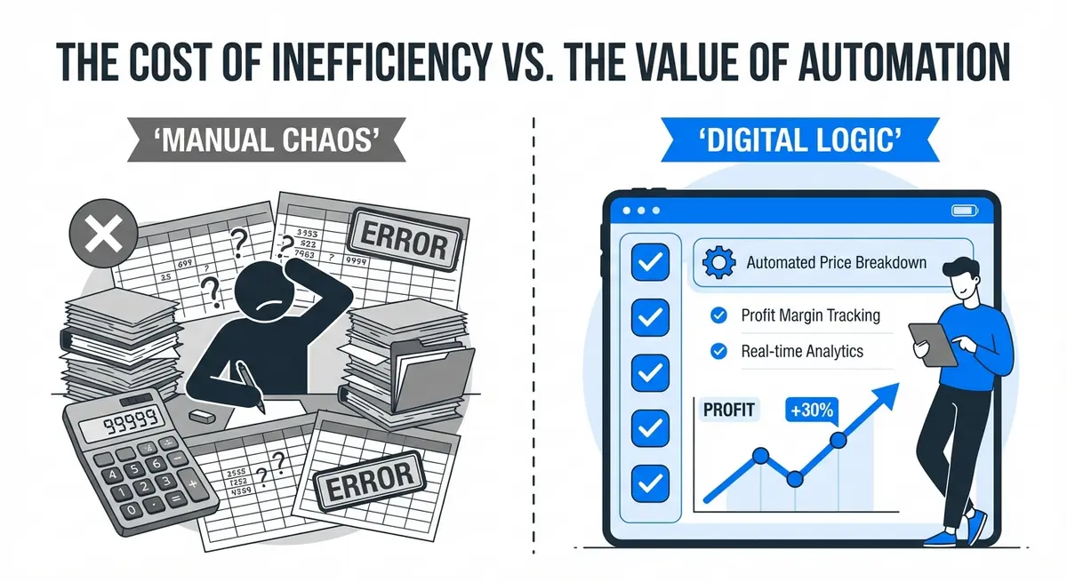 Infographic comparing manual plumbing repair cost estimator app price vs professional software automation