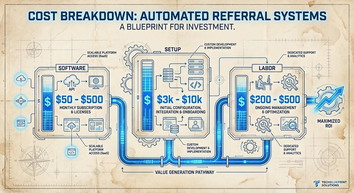 Infographic showing the price to build automated referral generation workflow for agencies breakdown