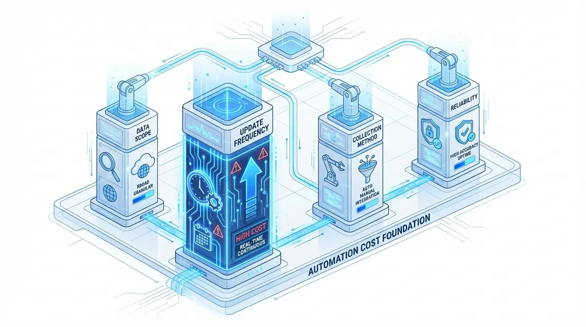 Infographic showing key cost drivers for price to build comparison page automation system including scope and frequency