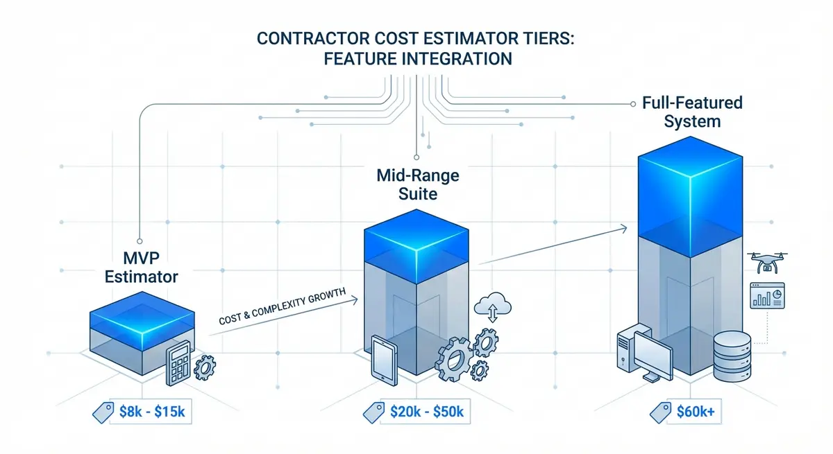 Infographic chart showing price to build cost estimator tool for contractors ranges from MVP to Enterprise