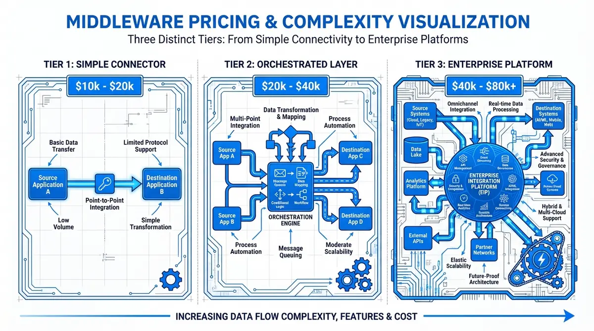 Infographic showing the price to build custom CRM integration middleware across three tiers