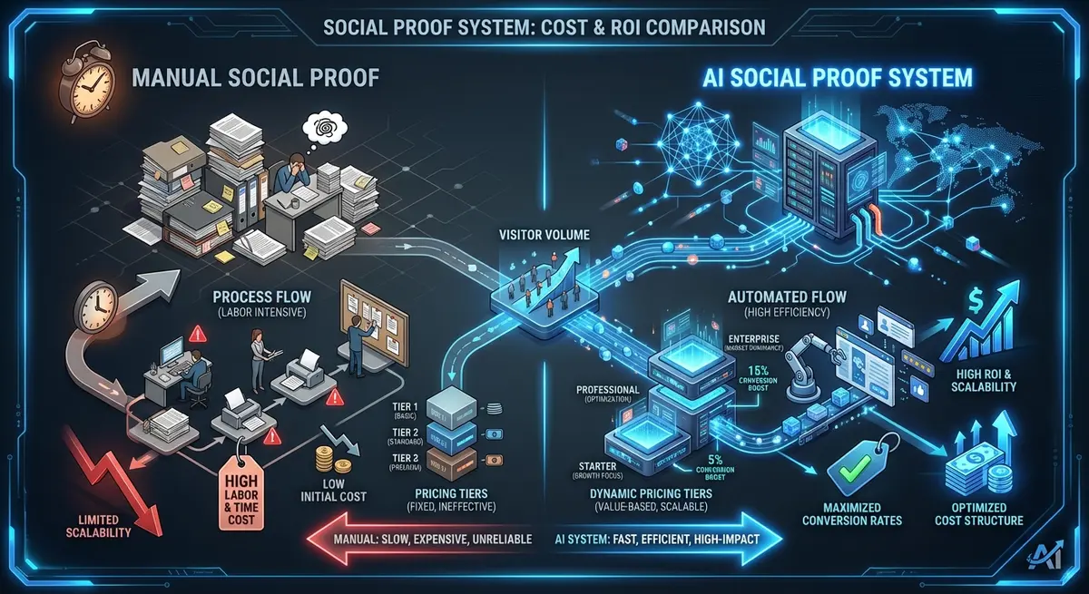 Infographic comparing manual review collection costs versus AI social proof aggregation and display system pricing models