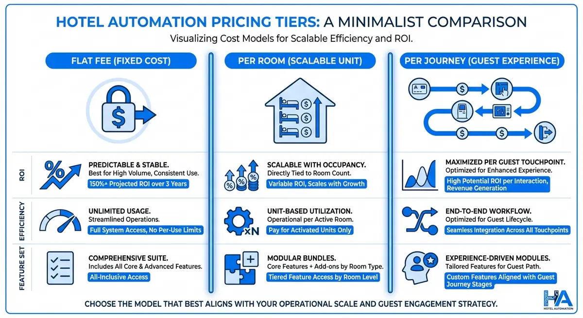 Infographic comparing pricing models for hotel guest experience automation platforms