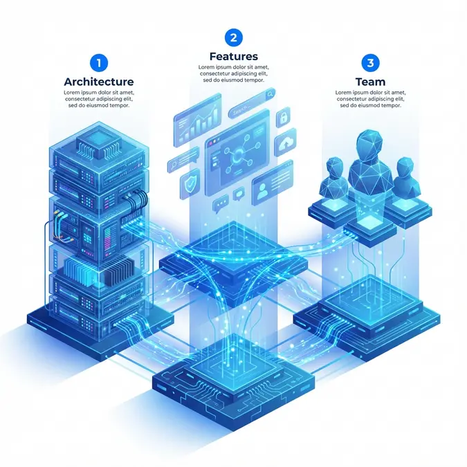 Infographic showing the three main drivers of pricing for multi-tenant SaaS platform development: Architecture, Feature Scope, and Team.