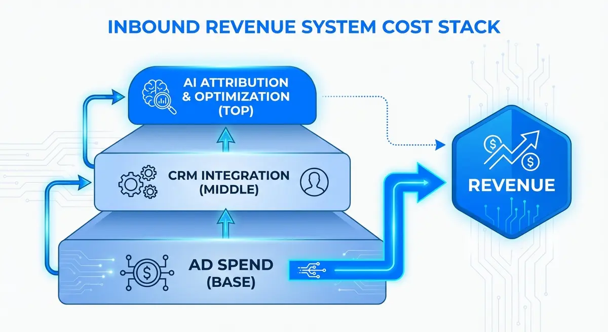 Infographic breaking down pricing for inbound revenue system setup ads to crm including attribution and AI layers