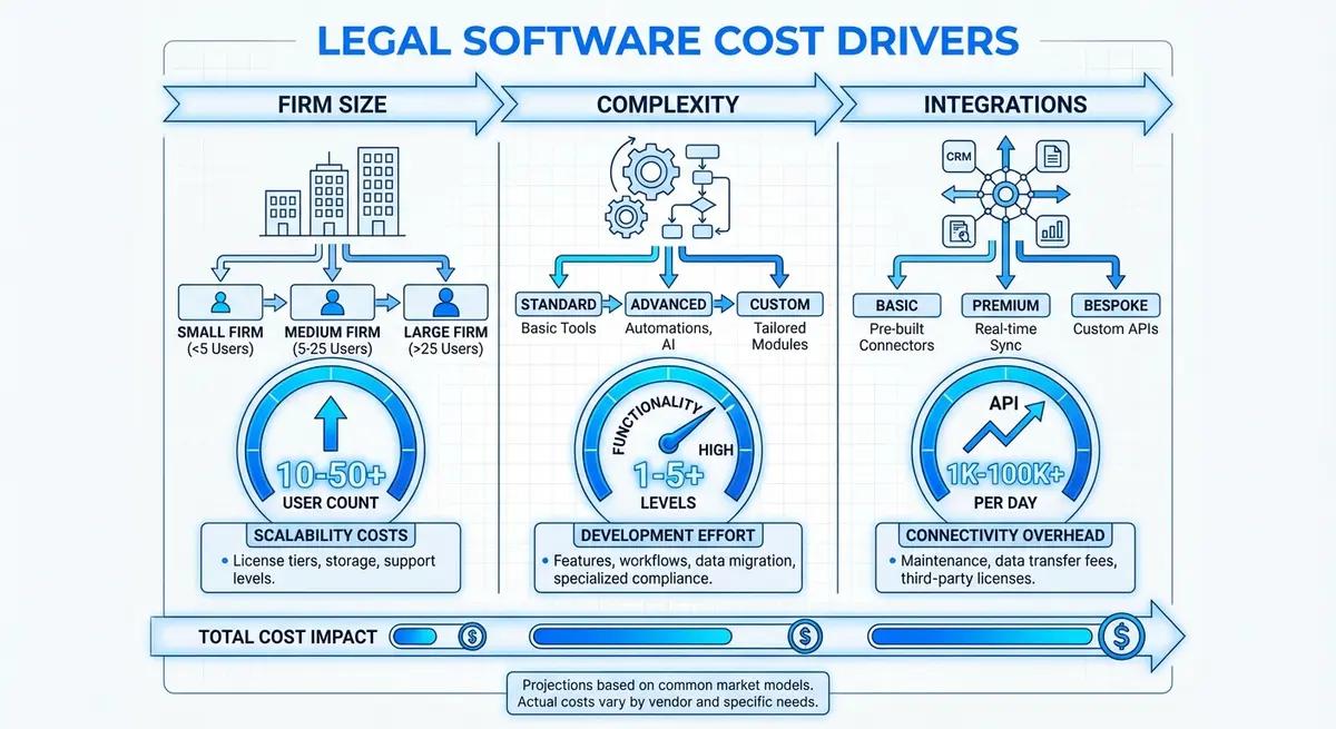 Infographic showing cost drivers for pricing for legal fee estimator tool for law firms