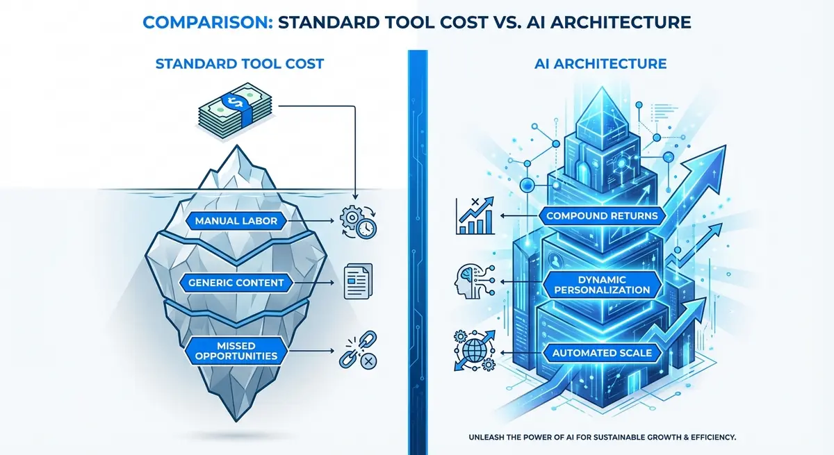 Infographic comparing standard tool pricing for mass landing page generator with dynamic content against true AI architecture ROI
