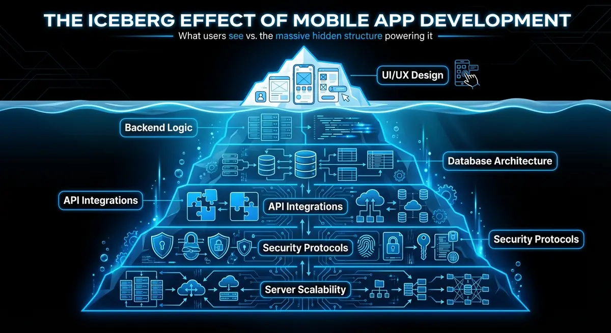 Infographic showing the hidden costs of pricing for mobile app backend development