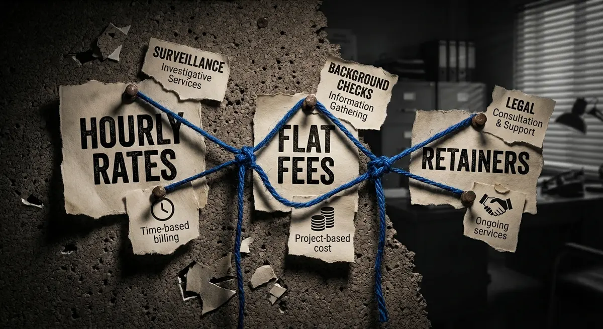 Infographic showing hourly rates, flat fees, and retainers in private investigation cost calculator price models