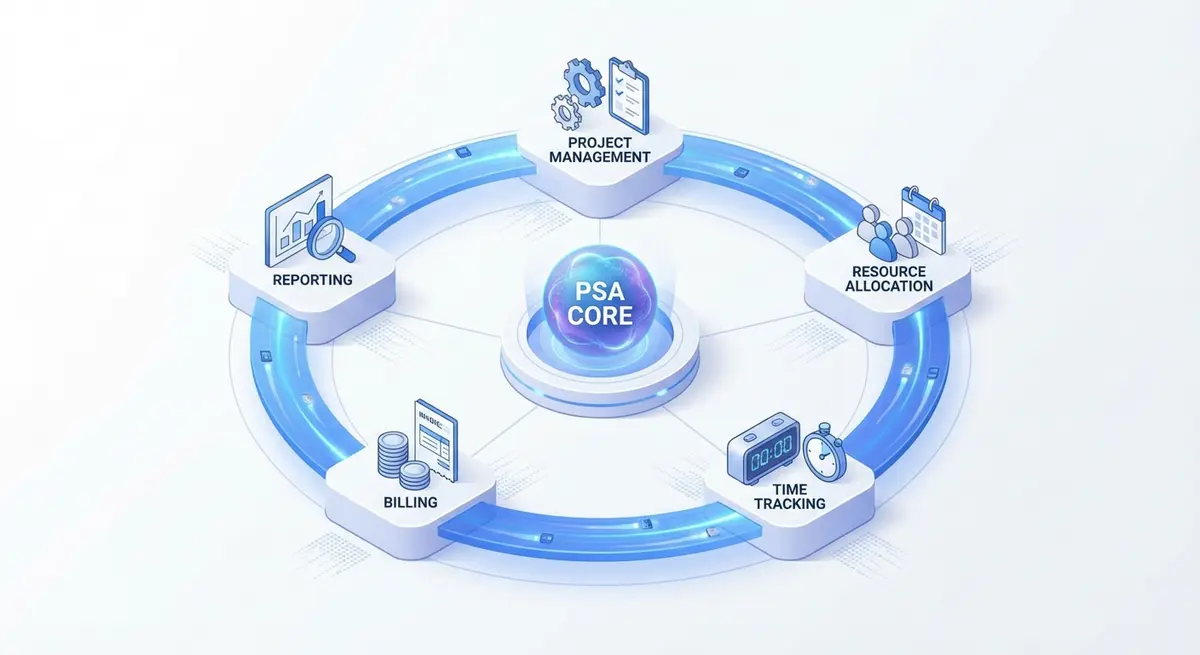 Infographic showing key components of professional services automation for small business including project management and billing