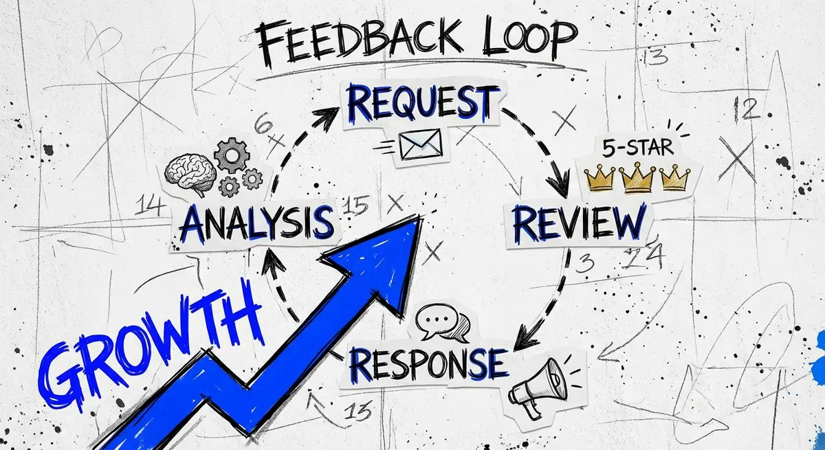 Basquiat style infographic showing the cycle of automated business reviews and customer feedback
