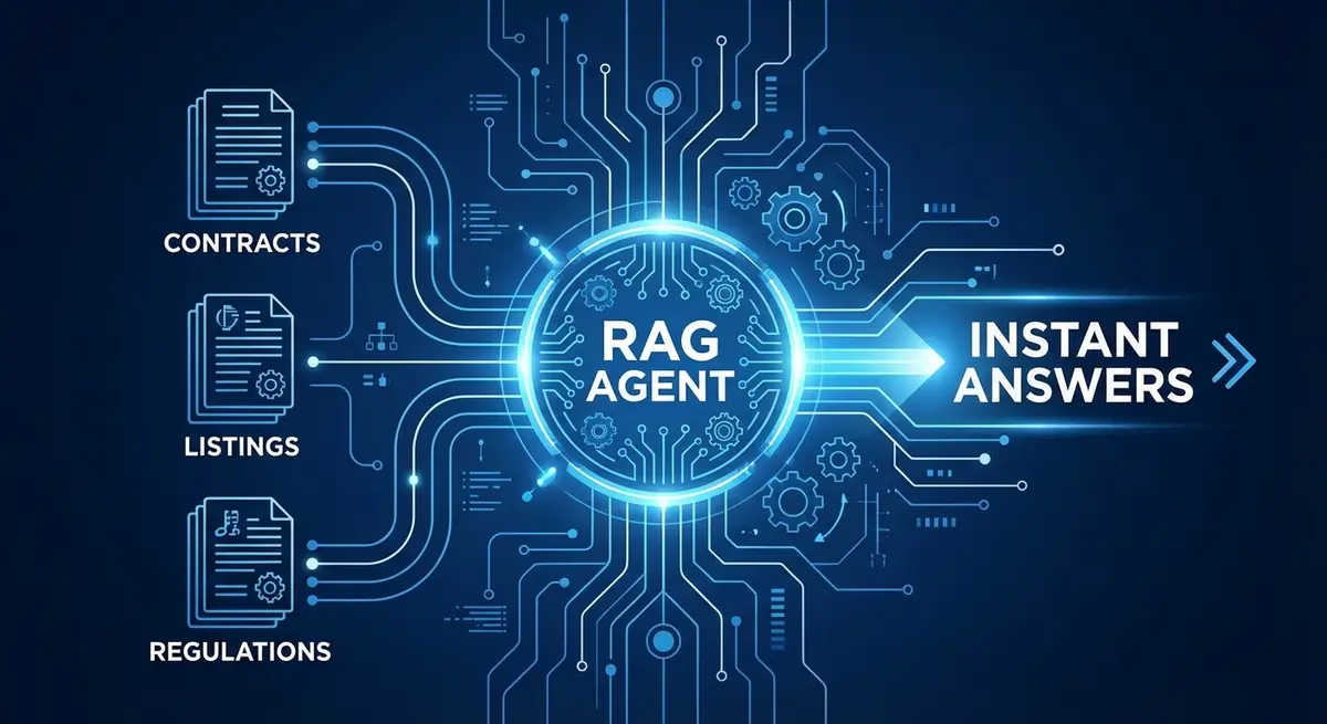 Infographic showing rag agent for real estate company setup processing data flow