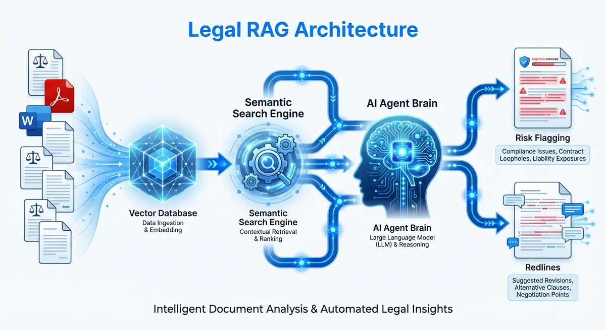 Infographic showing the architecture of a RAG agent setup for law firm contract review