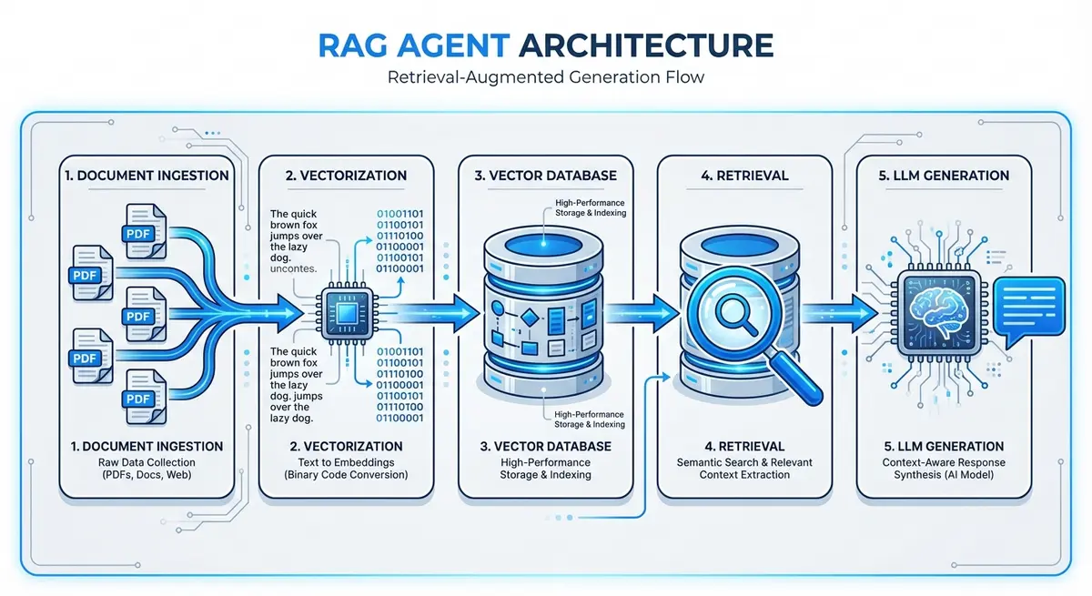Infographic showing the core architecture of a rag agent setup for insurance policy lookup chatbot