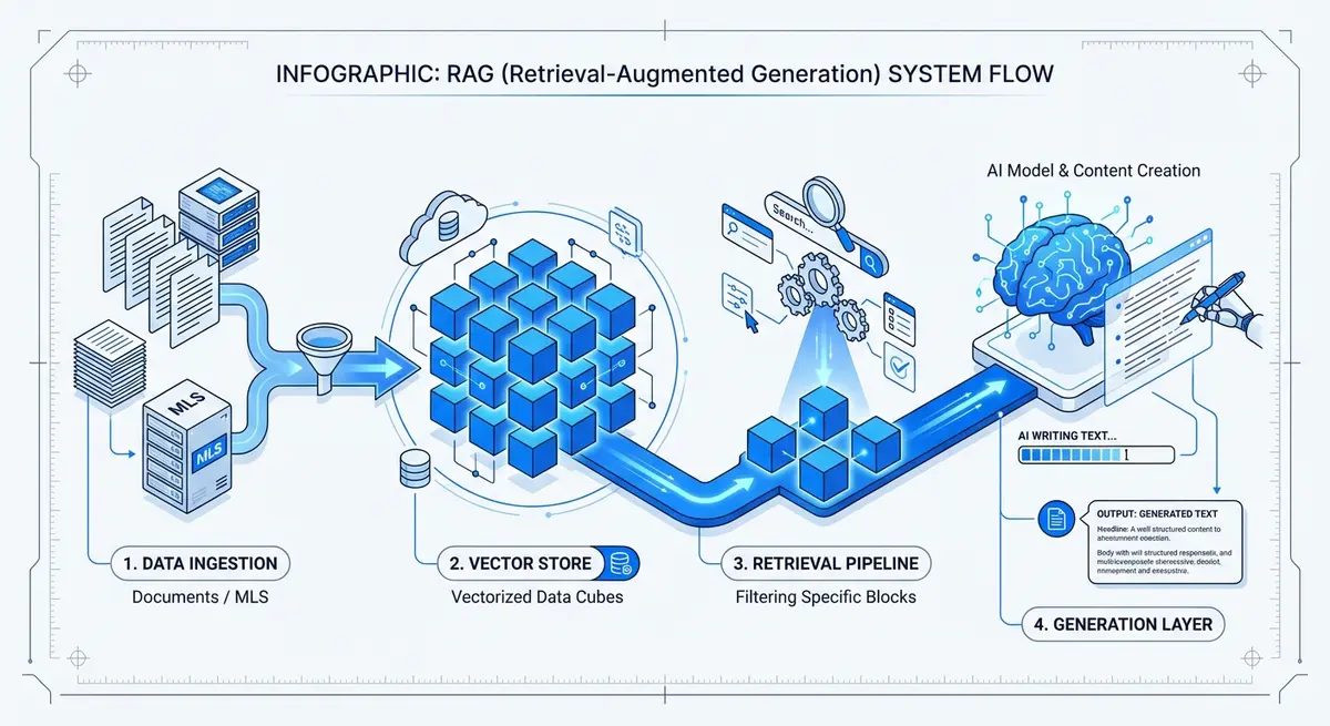 Diagram showing the architecture of a RAG agent setup for real estate listing descriptions