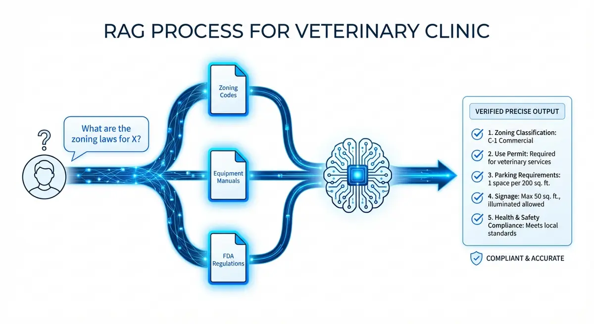 Infographic showing how a rag agent for veterinary clinic setup retrieves data from specific documents to answer questions
