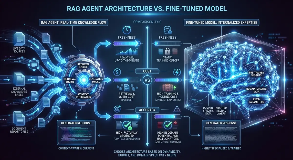 Infographic comparing RAG agent vs fine tuned model for business chatbot on cost and accuracy
