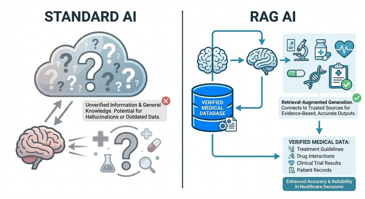Infographic comparing Standard AI vs RAG AI assistant for medical practice