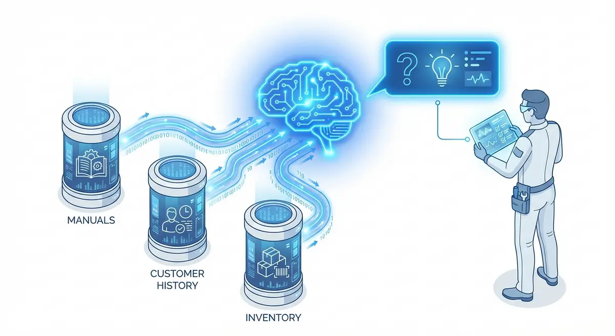 Diagram showing how a RAG AI knowledge base retrieves HVAC data for technicians
