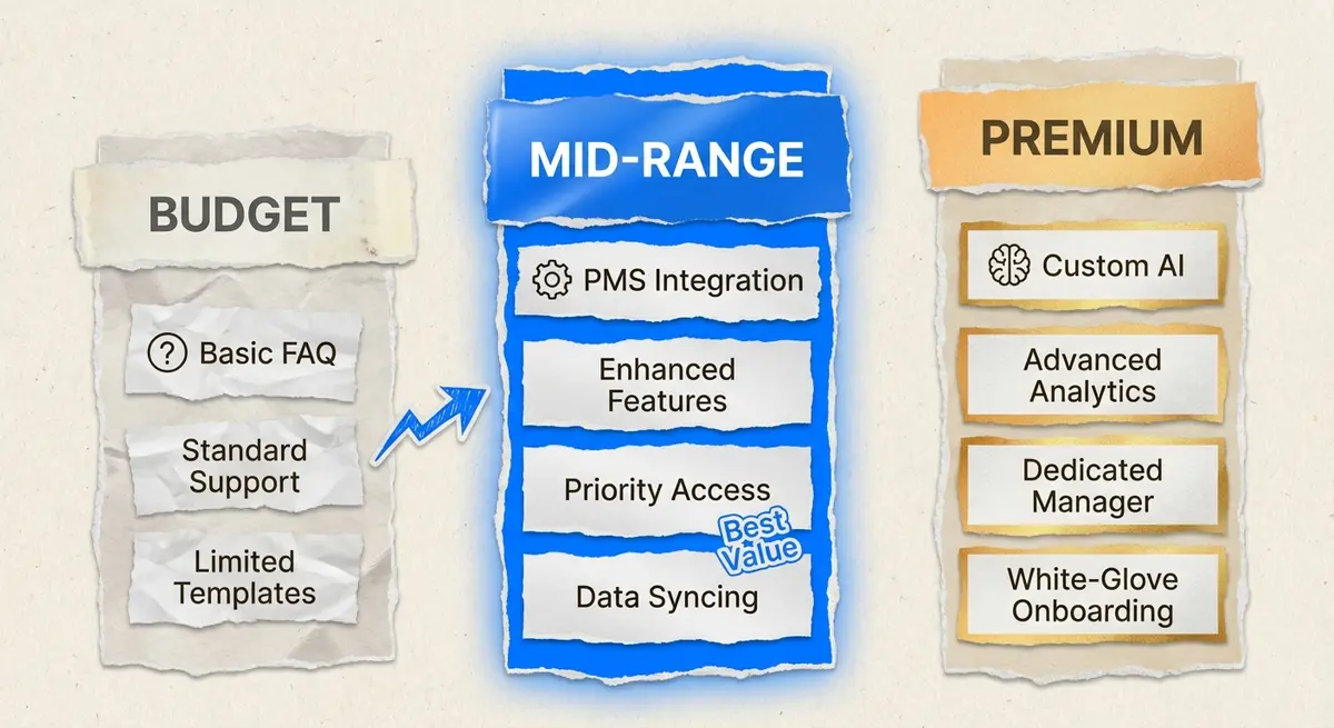 Comparison chart of budget, mid-range, and premium RAG chatbot for dental practice pricing tiers