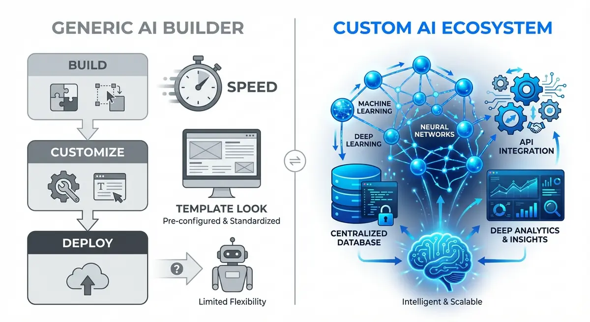 Infographic comparing generic self building AI websites versus custom AI ecosystems
