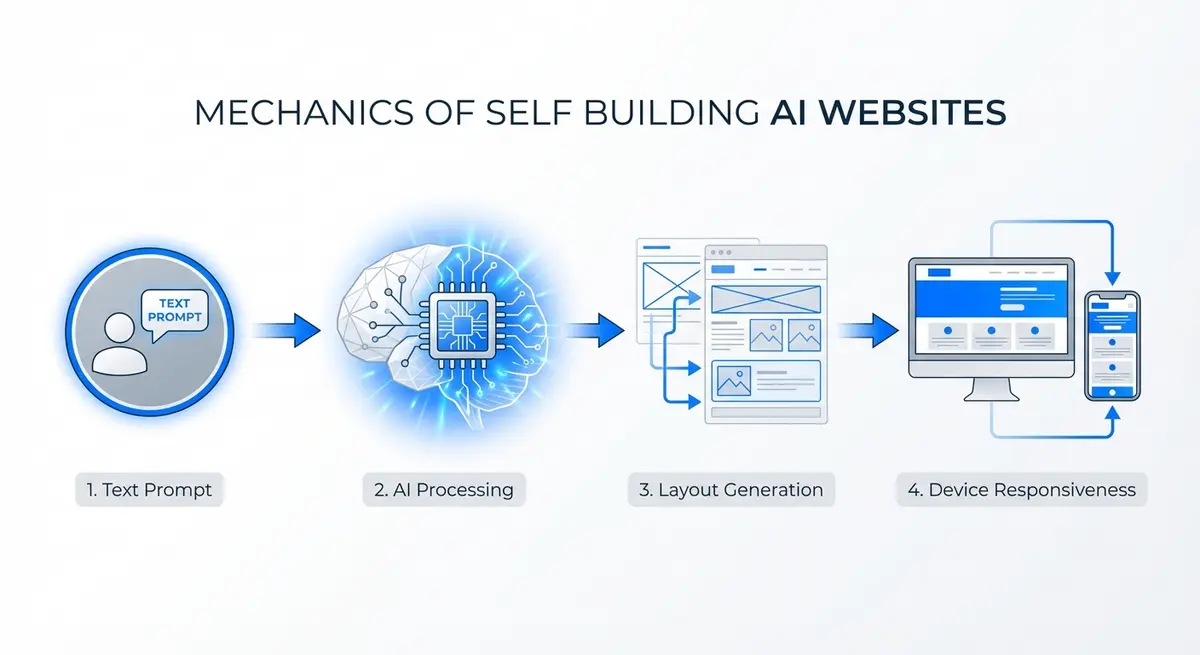 Infographic showing how self building AI websites process prompts into designs