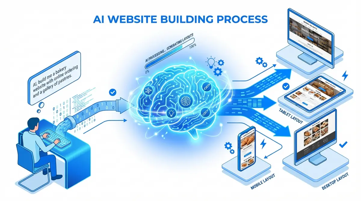 Infographic showing how self building AI websites transform text prompts into responsive designs