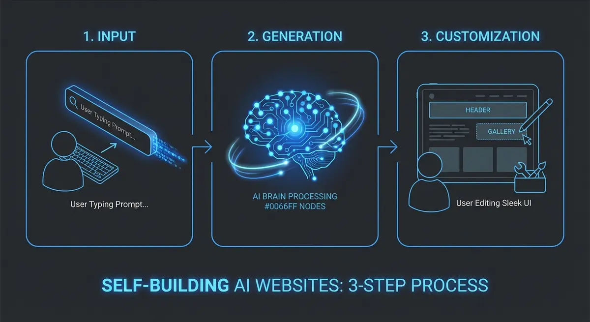 Diagram showing how self building AI websites process inputs into generated web pages
