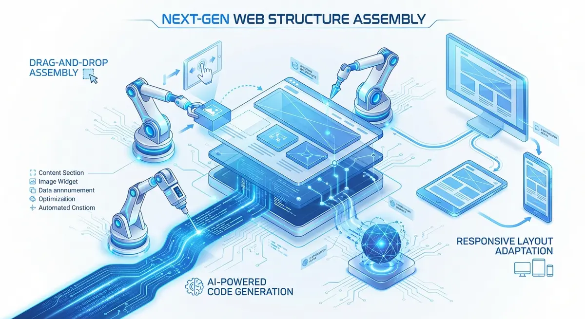 Infographic showing the architecture of self building AI websites and their core capabilities