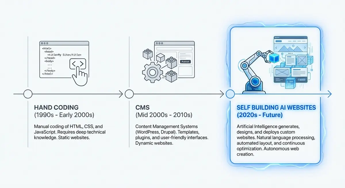 Infographic showing the evolution of web development to self building AI websites