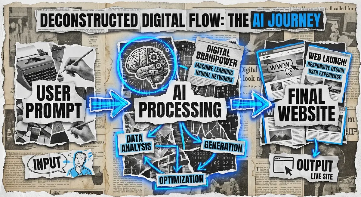 Infographic showing the process of self building AI websites from prompt to publish