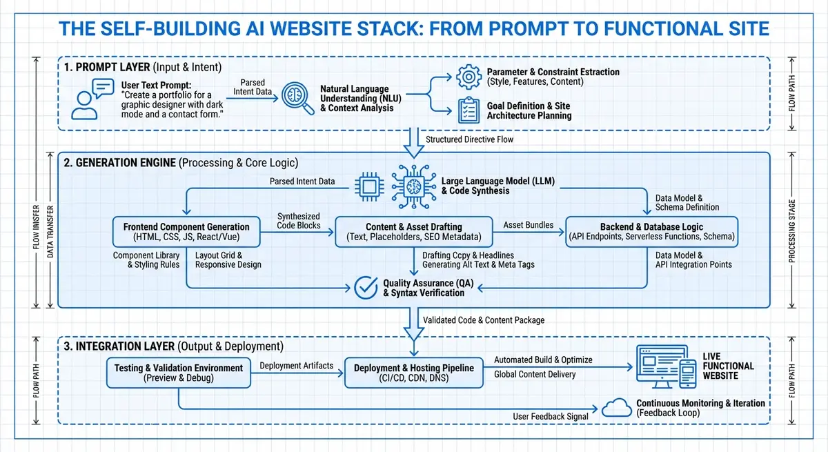 Diagram showing how self building AI websites process prompts into functional code