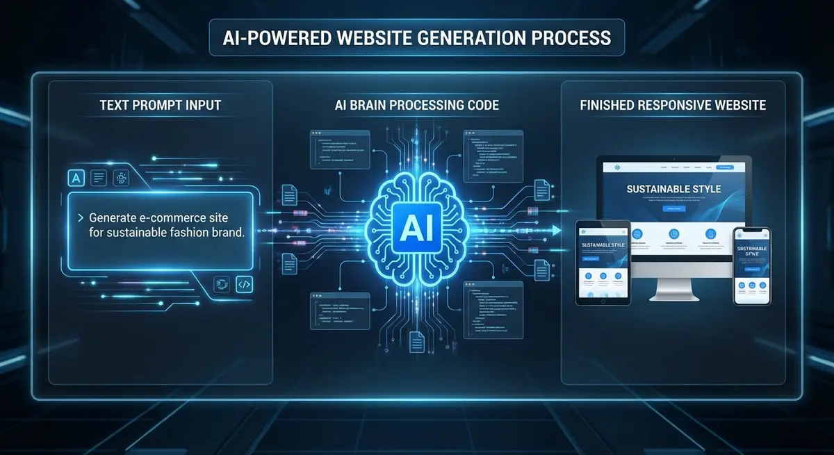 Infographic illustrating how self building AI websites transform text prompts into responsive layouts