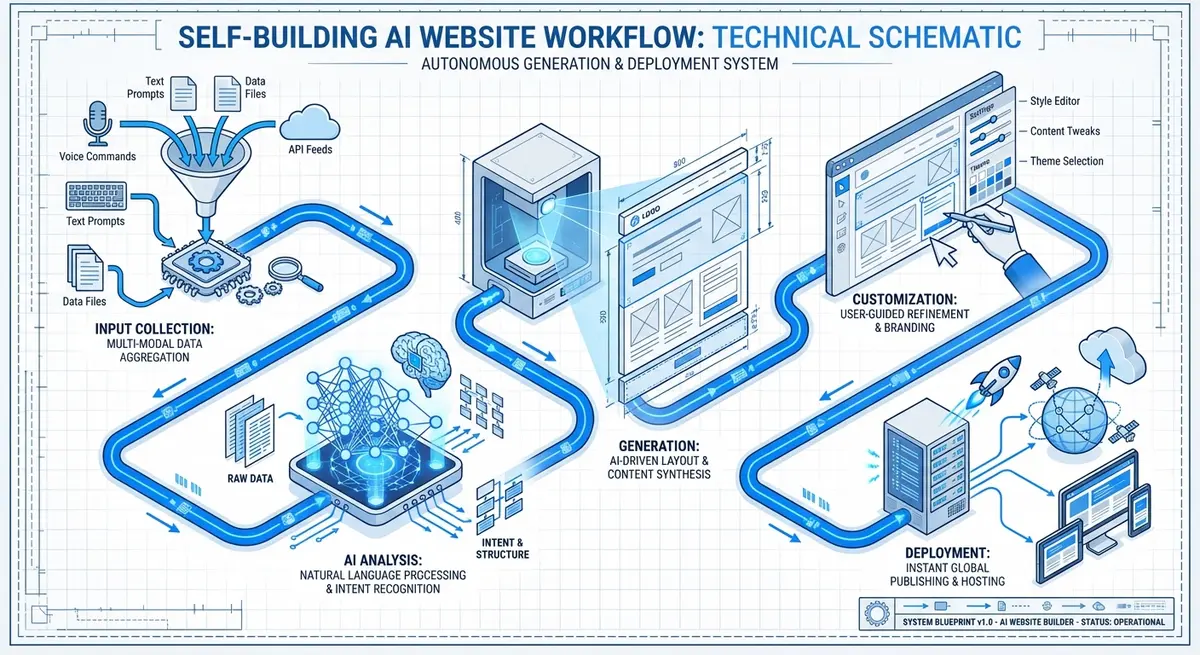 Infographic showing the step-by-step process of self building ai websites from input to deployment