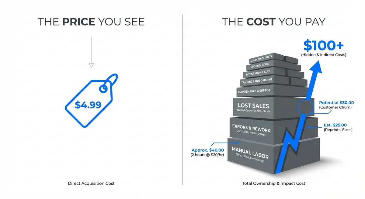 Infographic comparing base shipping cost calculator app price versus hidden costs of manual logistics