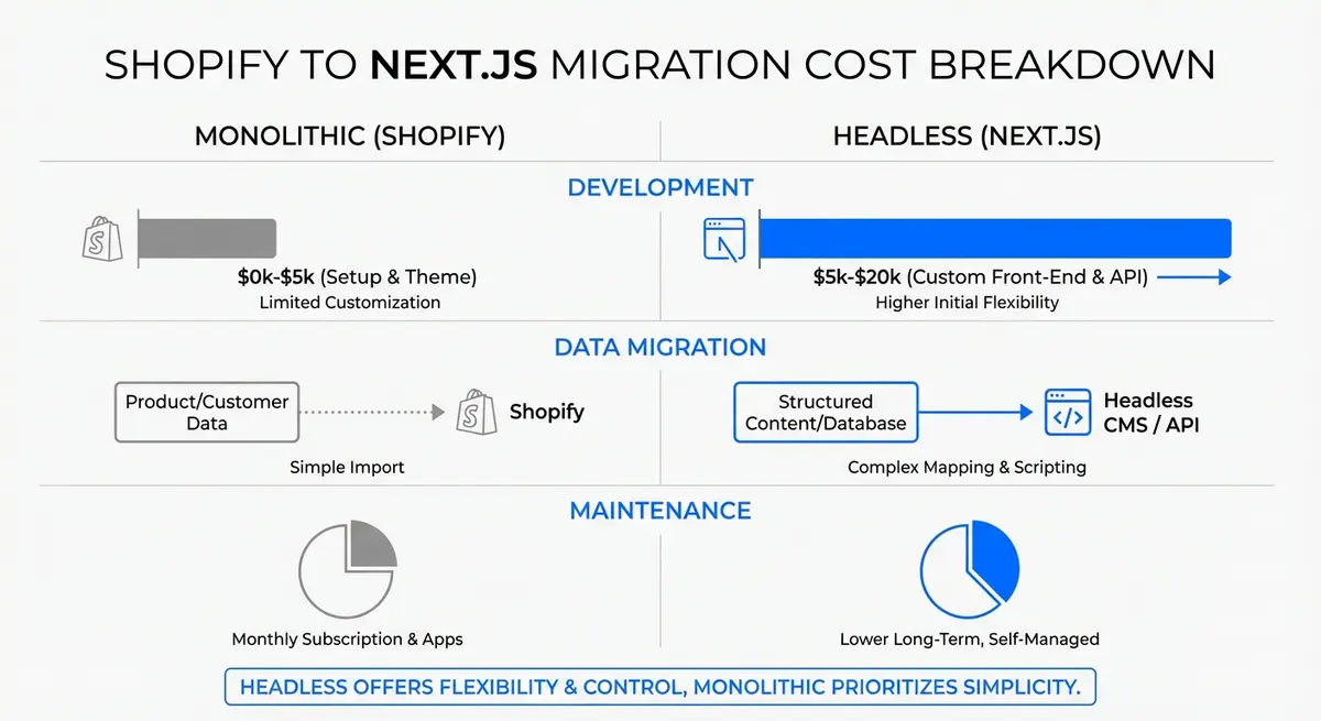 Infographic breakdown of shopify to nextjs migration cost factors including development and maintenance