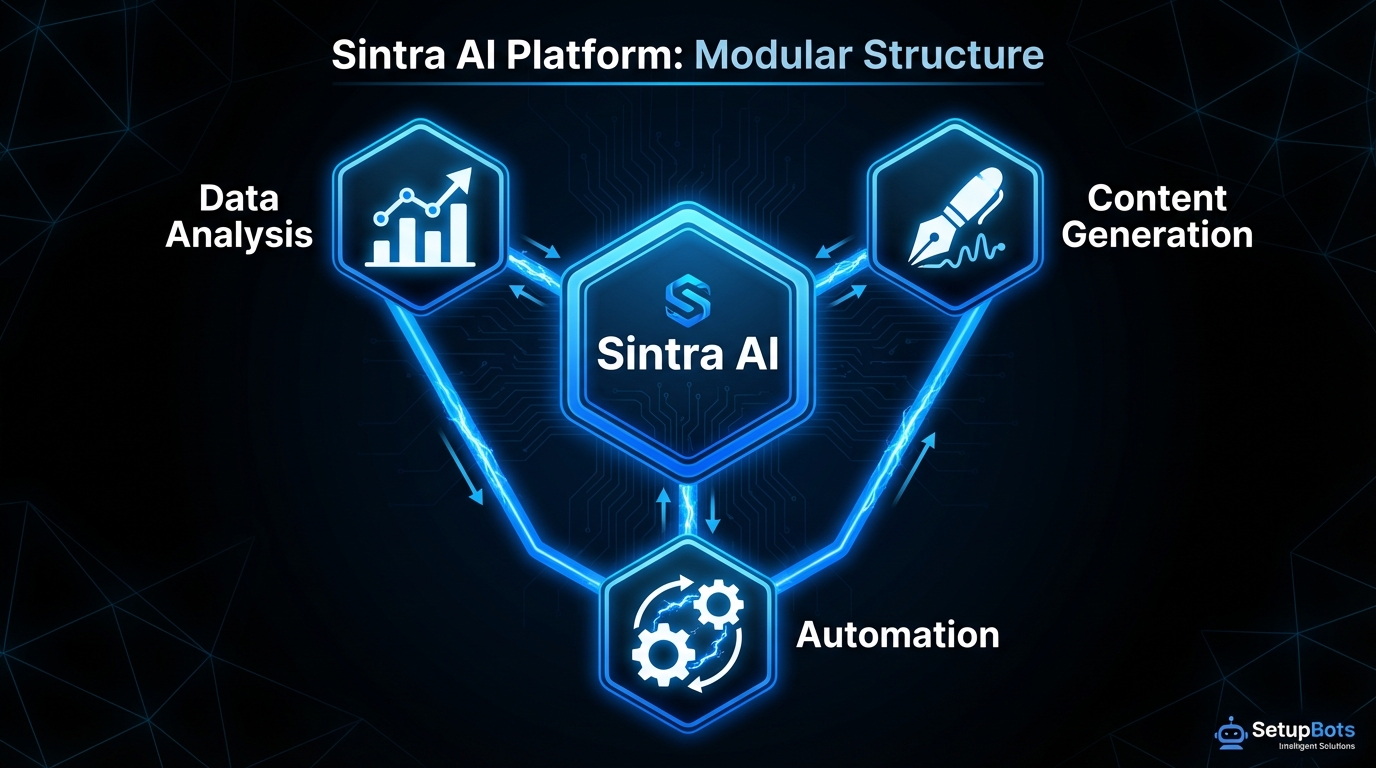 Sintra AI reviews infographic showing key features and modules of the Sintra AI platform
