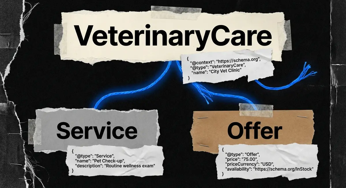 JSON-LD schema hierarchy infographic for veterinarians pricing structured data