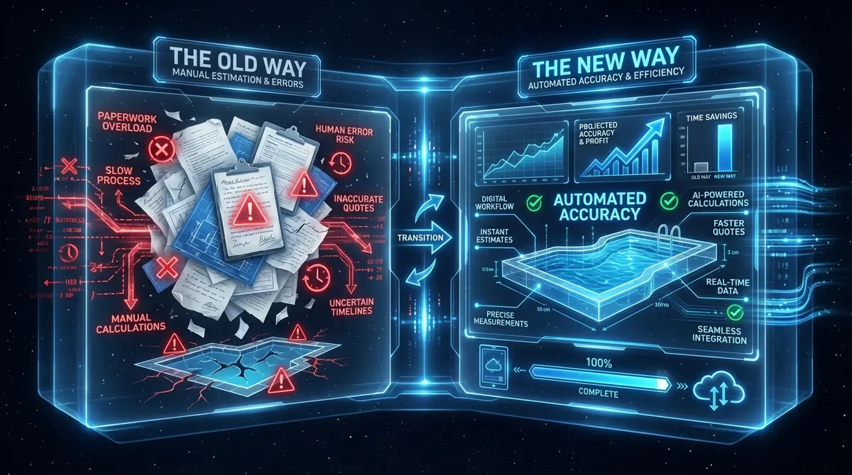 Infographic comparing manual pool estimation versus automated swimming pool installation estimate app cost benefits