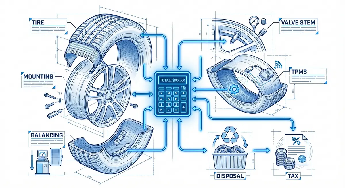 Infographic breaking down the components of a tire replacement cost calculator cost including mounting balancing and fees