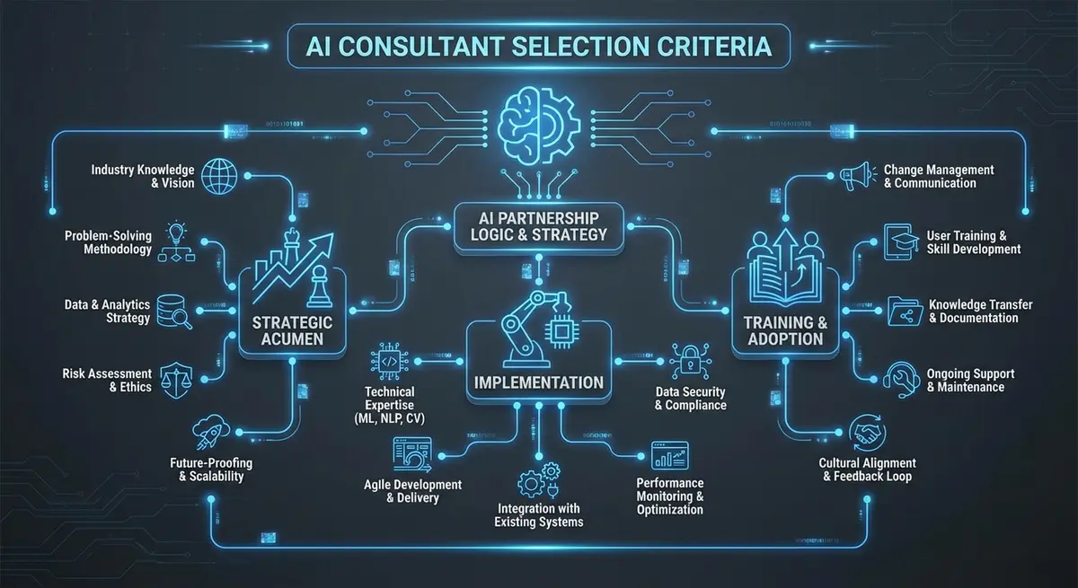Infographic showing selection criteria for top AI business consultants Nevada