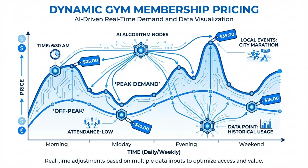 Infographic showing how AI dynamic pricing adjusts gym membership fees based on demand