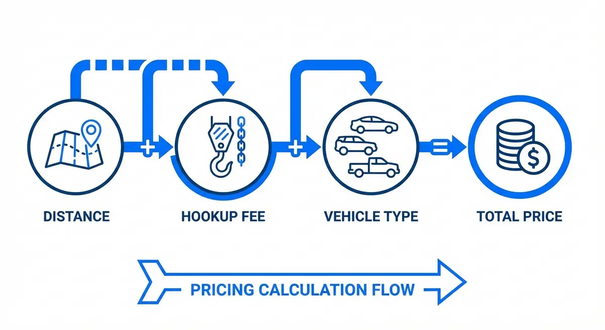 Breakdown of the towing service cost calculator cost formula showing base fee plus mileage