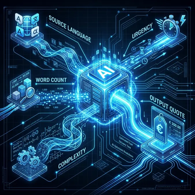 Diagram showing inputs for a translation service cost calculator including complexity and urgency