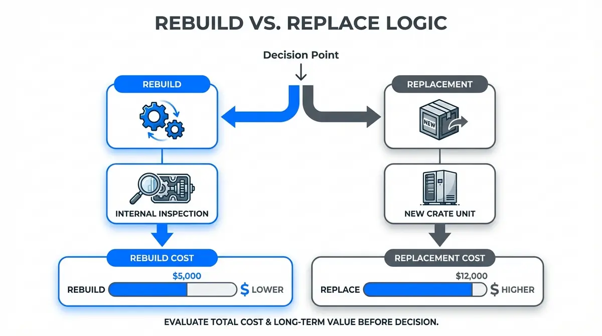 Infographic comparing transmission rebuild vs replace options and costs