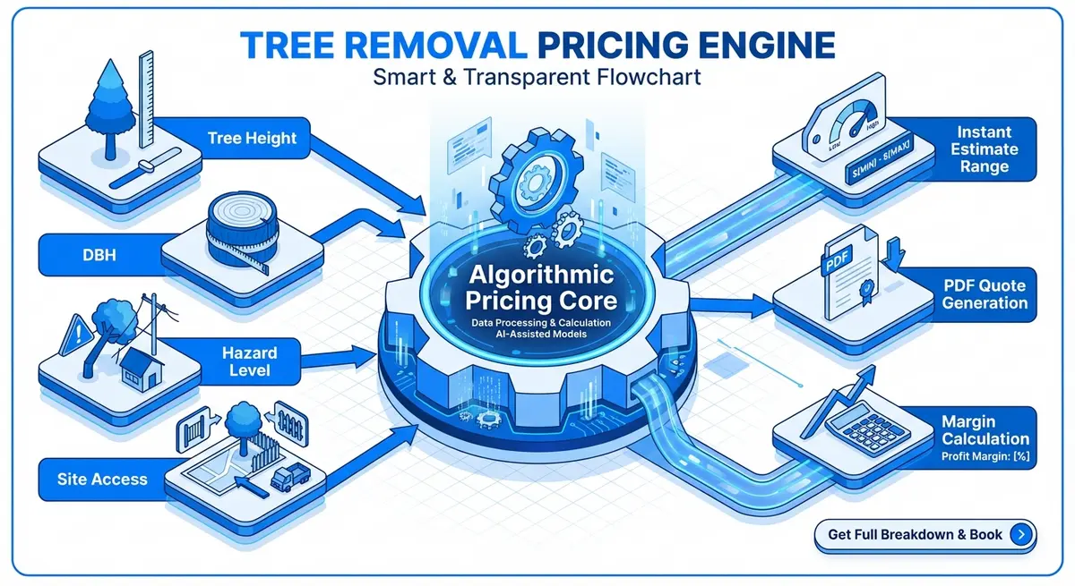 Infographic showing the inputs and outputs of a tree removal cost calculator app development pricing engine