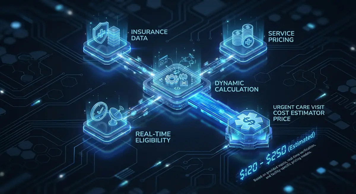Flowchart showing how an automated urgent care visit cost estimator price system works
